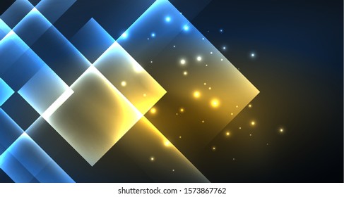 Neon glowing techno square rectangle lines, blue hi-tech futuristic abstract background template with squares shapes