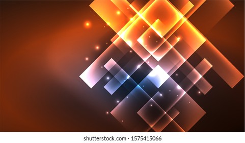 Neon glowing techno square rectangle lines, blue hi-tech futuristic abstract background template with squares shapes