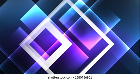 Neon glowing techno square rectangle lines, blue hi-tech futuristic abstract background template with squares shapes