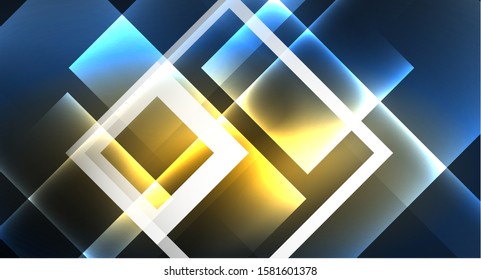 Neon glowing techno square rectangle lines, blue hi-tech futuristic abstract background template with squares shapes