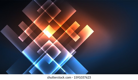 Neon glowing techno square rectangle lines, blue hi-tech futuristic abstract background template with squares shapes