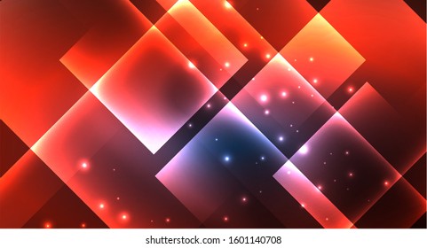 Neon glowing techno square rectangle lines, blue hi-tech futuristic abstract background template with squares shapes