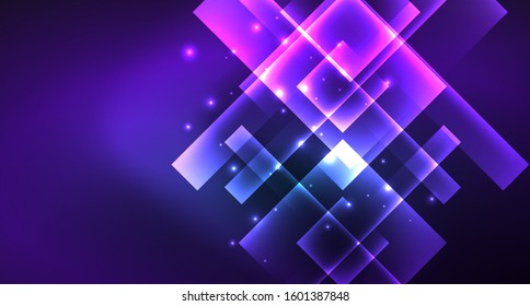 Neon glowing techno square rectangle lines, blue hi-tech futuristic abstract background template with squares shapes