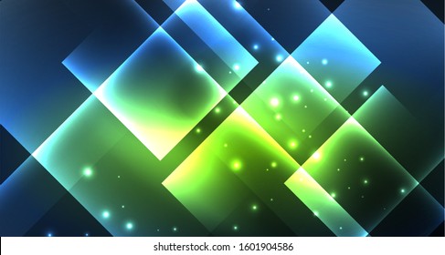 Neon glowing techno square rectangle lines, blue hi-tech futuristic abstract background template with squares shapes