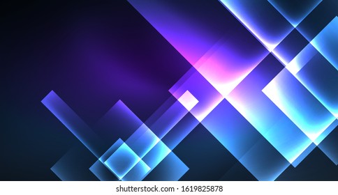 Neon glowing techno square rectangle lines, blue hi-tech futuristic abstract background template with squares shapes