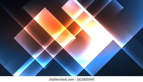 Neon glowing techno square rectangle lines, blue hi-tech futuristic abstract background template with squares shapes