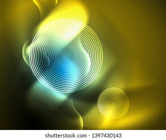 Neon glowing techno wave lines, blue hi-tech futuristic abstract background template