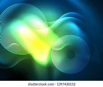 Neon glowing techno wave lines, blue hi-tech futuristic abstract background template