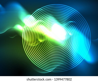 Líneas de onda tecno brillantes neón, plantilla de fondo abstracta azul de alta tecnología futurista