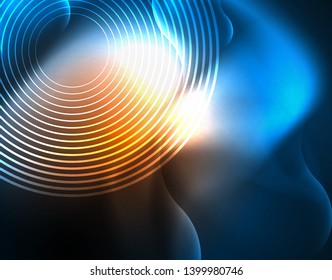 Líneas de onda tecno brillantes neón, plantilla de fondo abstracta azul de alta tecnología futurista