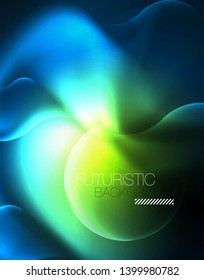 Neon glowing techno wave lines, blue hi-tech futuristic abstract background template