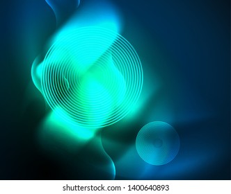 Líneas de onda tecno brillantes neón, plantilla de fondo abstracta azul de alta tecnología futurista