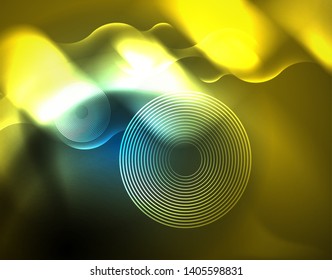 Líneas de onda tecno brillantes neón, plantilla de fondo abstracta azul de alta tecnología futurista