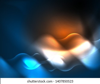 Neon glowing techno wave lines, blue hi-tech futuristic abstract background template