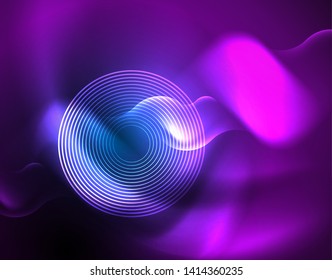 Neon glowing techno wave lines, blue hi-tech futuristic abstract background template