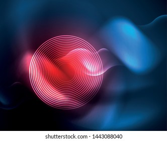 Líneas de onda tecno brillantes neón, plantilla de fondo abstracta azul de alta tecnología futurista