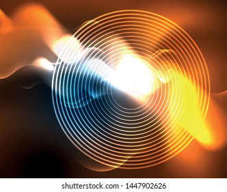 Neon glowing techno wave lines, blue hi-tech futuristic abstract background template