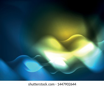 Líneas de onda tecno brillantes neón, plantilla de fondo abstracta azul de alta tecnología futurista