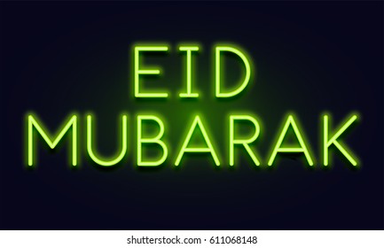 Neon Glowing Text Eid Mubarak On Blackground.