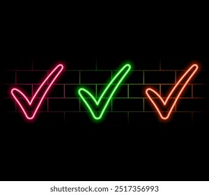 Neon glowing tick mark icon on a black background.