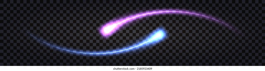 Neon glowing trails; laser beams with shiny light effect; blue and purple neon wave swirls. Electric thunder bolt; flashlight and ray lines on transparent background. Vector illustration
