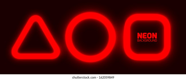 Neon glowing triangle, circle and square, vector background