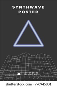 Neon glowing triangle and distorted mesh  on dark grey background.