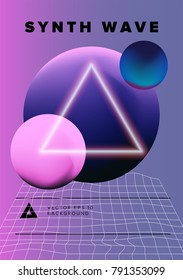 Neon glowing triangle, pink and violet planets on holographic background.  Synthwave sci-fi futuristic poster, flyer.