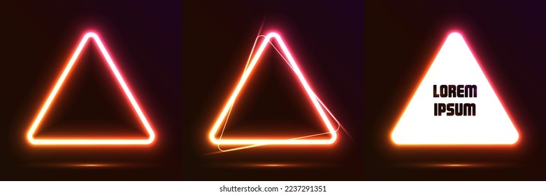 Neon glowing triangle set on a dark background. Triangle neon template for any text. Neon banner set, light design. Vector Illustration