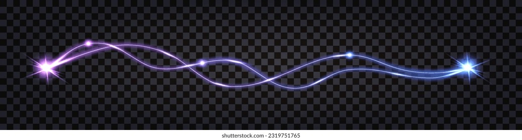 Neon glowing twisted swirl wave lines, electric thunder bolt with light shock effect, discharge impulse, cable twirl, purple and ble neon glow. Vector illustration, isolated transparent design