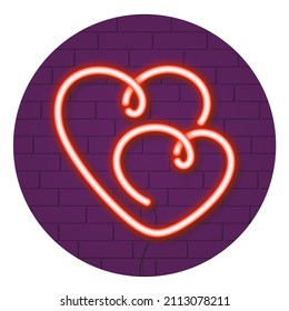 Neon glowing two hearts on a purple brick wall. Valentine's day concept.