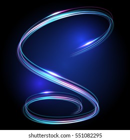 Neon glowing vector lines. Light effect on a bright background. Speed of wave effects. Blue motion blur.