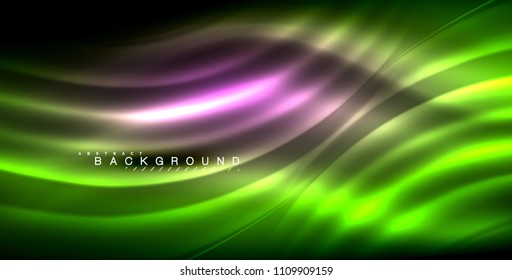 Onda brilhante de néon, energia mágica e fundo de movimento de luz. Ilustração vetorial