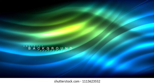 Onda brilhante de néon, energia mágica e fundo de movimento de luz. Ilustração vetorial