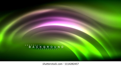 Onda brillante neón, energía mágica y fondo de movimiento de luz. Ilustración del vector