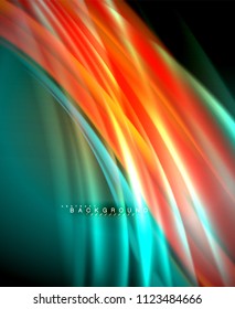 Neon glowing wave, magic energy and light motion background. Vector wallpaper template, illustration
