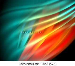 Neon glowing wave, magic energy and light motion background. Vector wallpaper template, illustration