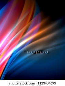 Neon glowing wave, magic energy and light motion background. Vector wallpaper template, illustration