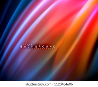 Neon glowing wave, magic energy and light motion background. Vector wallpaper template, illustration