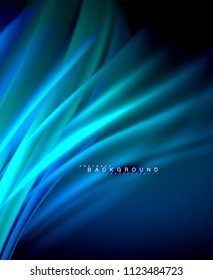 Neon glowing wave, magic energy and light motion background. Vector wallpaper template, illustration