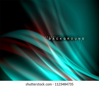 Neon glowing wave, magic energy and light motion background. Vector wallpaper template, illustration