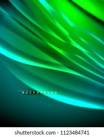 Neon glowing wave, magic energy and light motion background. Vector wallpaper template, illustration