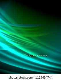 Onda brillante neón, energía mágica y fondo de movimiento de luz. Plantilla de papel tapiz vectorial, ilustración