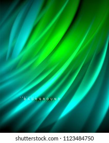 Neon glowing wave, magic energy and light motion background. Vector wallpaper template, illustration