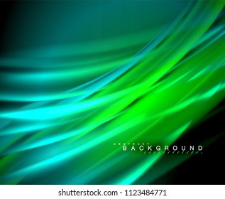Neon glowing wave, magic energy and light motion background. Vector wallpaper template, illustration