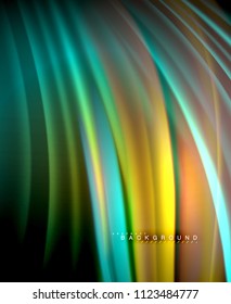 Neon glowing wave, magic energy and light motion background. Vector wallpaper template, illustration