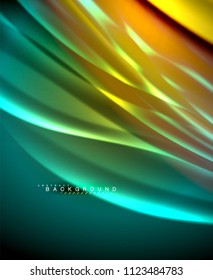 Neon glowing wave, magic energy and light motion background. Vector wallpaper template, illustration