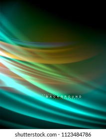 Neon glowing wave, magic energy and light motion background. Vector wallpaper template, illustration