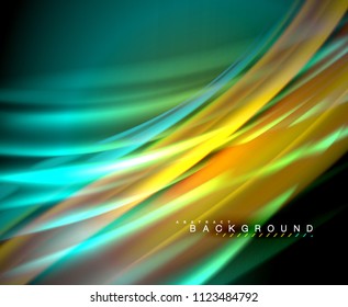 Onda brillante neón, energía mágica y fondo de movimiento de luz. Plantilla de papel tapiz vectorial, ilustración