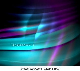Neon glowing wave, magic energy and light motion background. Vector wallpaper template, illustration